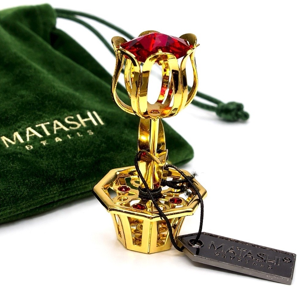 Matashi Red Cystal Tulip Flower Figurine 24K Gold Plated Miniature Gift w/Tag